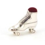 Novelty sterling silver pin cushion in the form of a roller skate, 3.5cm in length, 19.0g