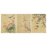Birds amongst flowers, set of three Chinese watercolour on silks, each with embossed red seal marks,