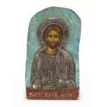 Russian hand painted Orthodox icon with embossed silver coloured metal overlay, 15.5cm high