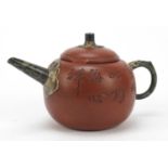 Chinese jade mounted Yixing terracotta teapot incised with bamboo grove and calligraphy, character