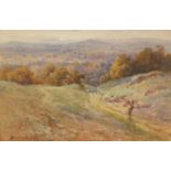 J Brooks 1909 - Panoramic landscape with figure holding a pickaxe, watercolour, mounted, framed