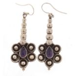 Pair of silver amethyst drop earrings, 6cm in length, 9.0g