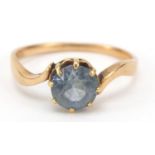 Unmarked gold sapphire solitaire ring engraved 18-3-16, size R, 3.2g