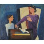 After William Scott - Mother and daughter with bird, Modern British oil on board, framed, 60cm x
