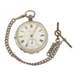 Kendal & Dent, gentlemen's silver open face pocket watch on a silver chain, 52mm in diameter