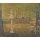 Garden scene with statue, Post-Impressionist oil on canvas, bearing an indistinct inscription verso,