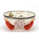 Wedgwood, Victorian aesthetic bowl with silver plated rim on three lobster feet, printed with