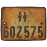 German military interest SS number plate, 32.5cm x 23.5cm