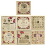 Seven 19th century commemorative souvenir napkins comprising The Death of Lord Nelson, The