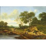 Figures beside water before a landscape, 19th century style oil on board, bearing a signature Naggl,