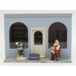 Hand built wooden model doll's house shop with contents, 28cm H x 40cm W x 35cm D