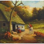 Cottage with figures and animals, Continental school oil on board, bearing a signature H Verfaillie,