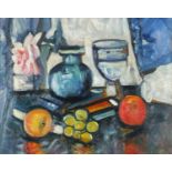 Still life fruit and vessel, Scottish Colourist school, oil on board, framed, 49.5cm x 39.5cm