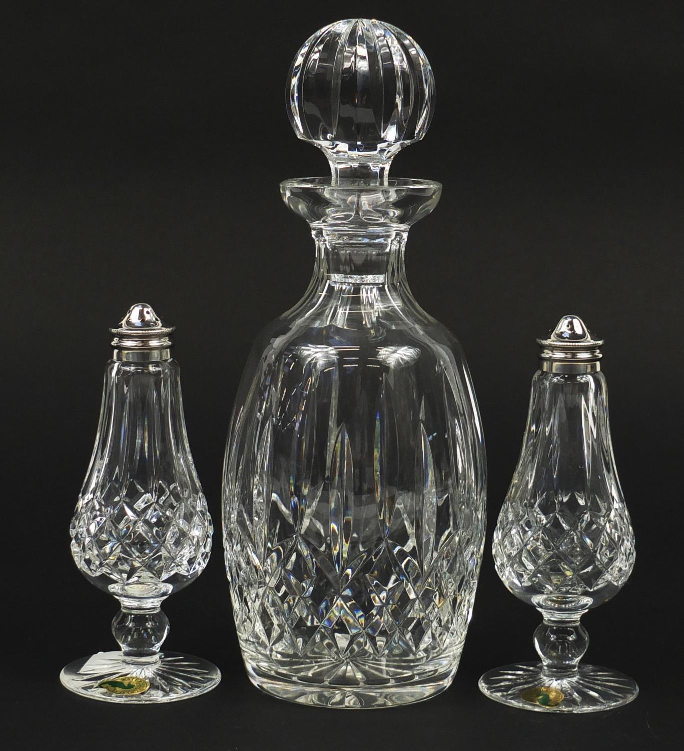 Waterford Crystal comprising a Lismore pattern decanter and salt and pepper sifters with box, the - Image 2 of 9