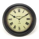 Ebonised Yorkshire Clock Co station design clock with painted dial having Roman numerals, 42cm in