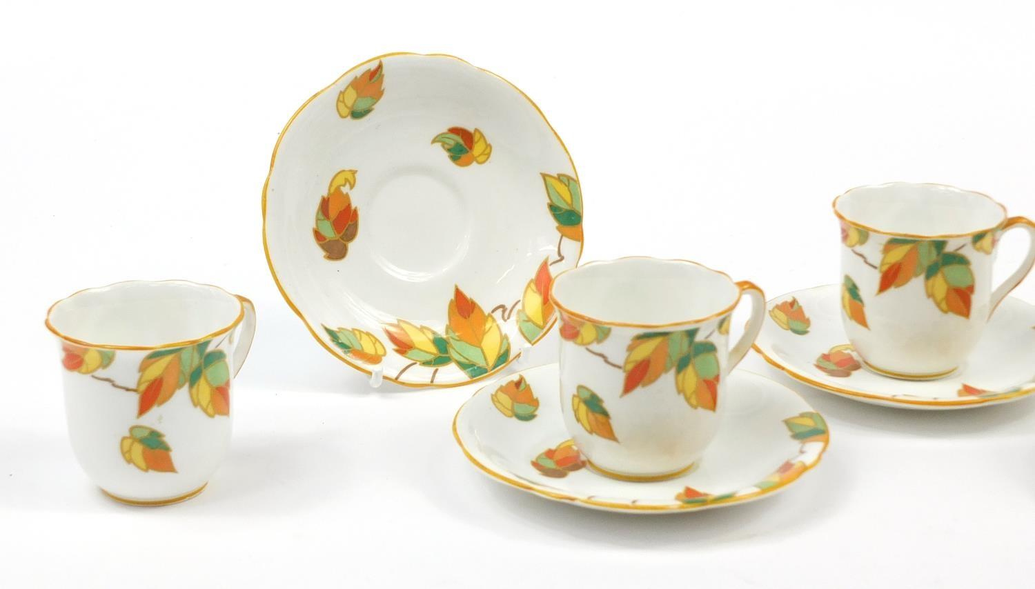 Foley china, set of six Art Deco Autumn leaf cups and saucers, each saucer 12cm in diameter - Image 3 of 18