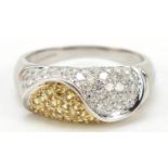 9ct white gold yellow and white diamond ring, size T, 4.2g