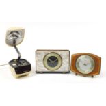 Two 1970's Metamec mantle clocks and a President digital alarm clock, the largest 21cm wide