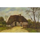 Figure with chickens outside a cottage, Continental school oil on wood panel, bearing a signature