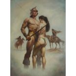 Two figures before horses, oil on board, framed, 82.5cm x 61.5cm