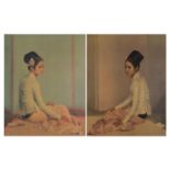 Gerald Kelly - Seated Asian females, pair of vintage prints in colour, framed, 60.5cm x 48cm