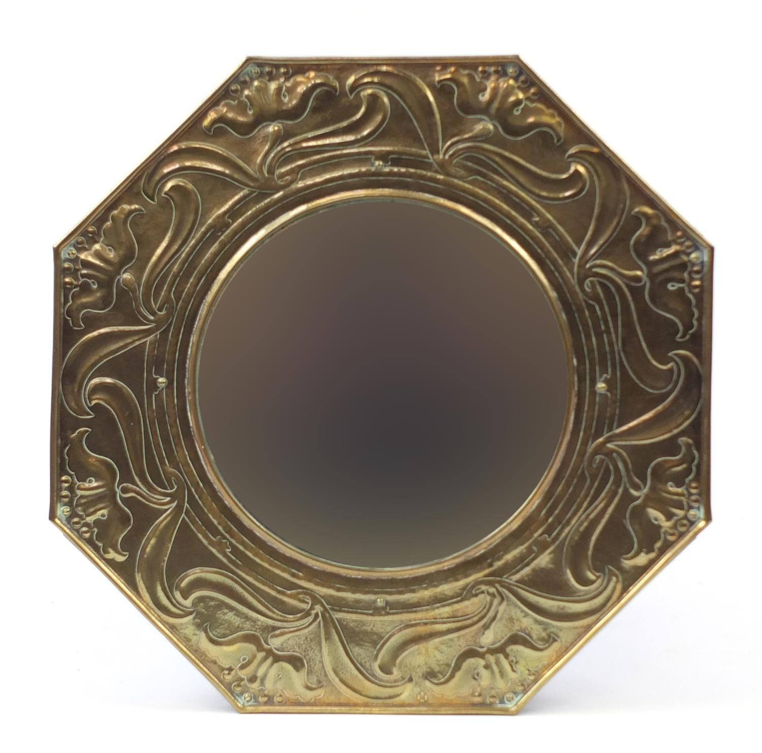 Keswick School of Industrial Arts, Arts & Crafts octagonal brass mirror embossed with stylised