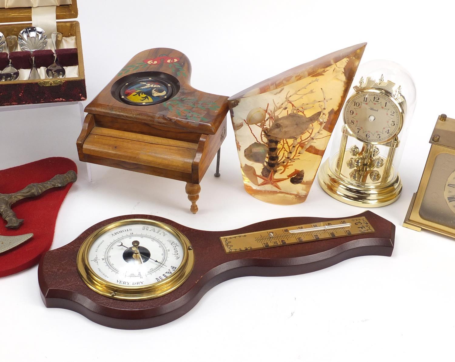 Sundry items including anniversary clock, Lucite paperweight and barometer, the largest 36cm high - Image 3 of 8