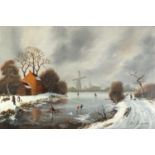 Winter landscape with figures skating and a windmill in the distance, Dutch school oil on canvas,