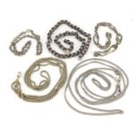 Five silver and white metal necklaces and Longuard chains, 115.0g