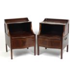 Pair of 19th century inlaid mahogany night stands with serpentine fronts, each 77cm H x 56cm W x