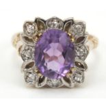 9ct gold amethyst and diamond ring, size K, 5.6g