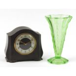 Smiths Enfield Bakelite mantle clock and an Art Deco green glass vase, the largest 25cm high