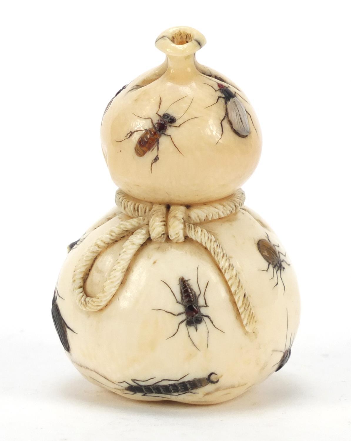 Good Japanese shibayama carved ivory double gourd sack inlaid with insects, 7.5cm high