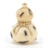 Good Japanese shibayama carved ivory double gourd sack inlaid with insects, 7.5cm high