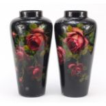 Pair of Continental glass vases hand painted with roses, 36cm high