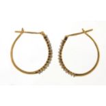 Pair of 9ct gold diamond hoop earrings, 1.7cm in length, 2.0g