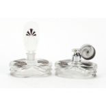 Art Deco flashed cut glass scent bottle and atomiser with chrome mounts, each 10.5cm wide