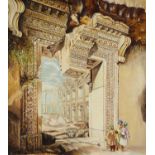 Baalbek, Ancient city with two figures, oil on board, mounted and framed, 52cm x 46cm excluding