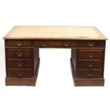 Mahogany twin pedestal desk fitted with a series of drawers, 74cm H x 152cm W x 107cm D