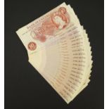 Twenty one Bank of England J S Fforde ten shilling notes including fifteen with consecutive serial
