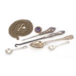 Silver and white metal objects including button hook, teaspoon, mustard spoons and a Longuard chain