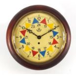 Military interest fusée wall clock with circular dial having Arabic numerals and inscribed RAF, 33cm