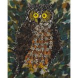 Kitty French - Owl, mixed media and collage, inscribed verso, mounted, framed and glazed, 47cm x