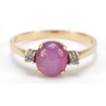 Unmarked gold cabochon pink sapphire and diamond ring, size R, 2.5g