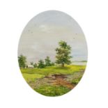 Landscape with out building, Early 20th century Continental school oval oil on canvas board,