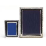 Rectangular silver easel photo frame and a smaller silver plated example, the silver frame by Carrs,