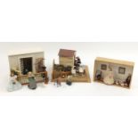 Two hand wooden built doll's house dioramas with contents and an entrance with balcony, the