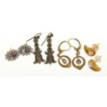 Four pairs of earrings including marcasite and simulated pearls