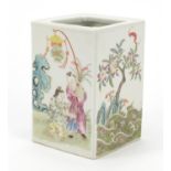 Good Chinese porcelain brush pot finely hand painted in the famille rose palette with panels of