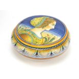 Italian Maiolica Deruta circular box and cover, the lift off lid hand painted with a female in